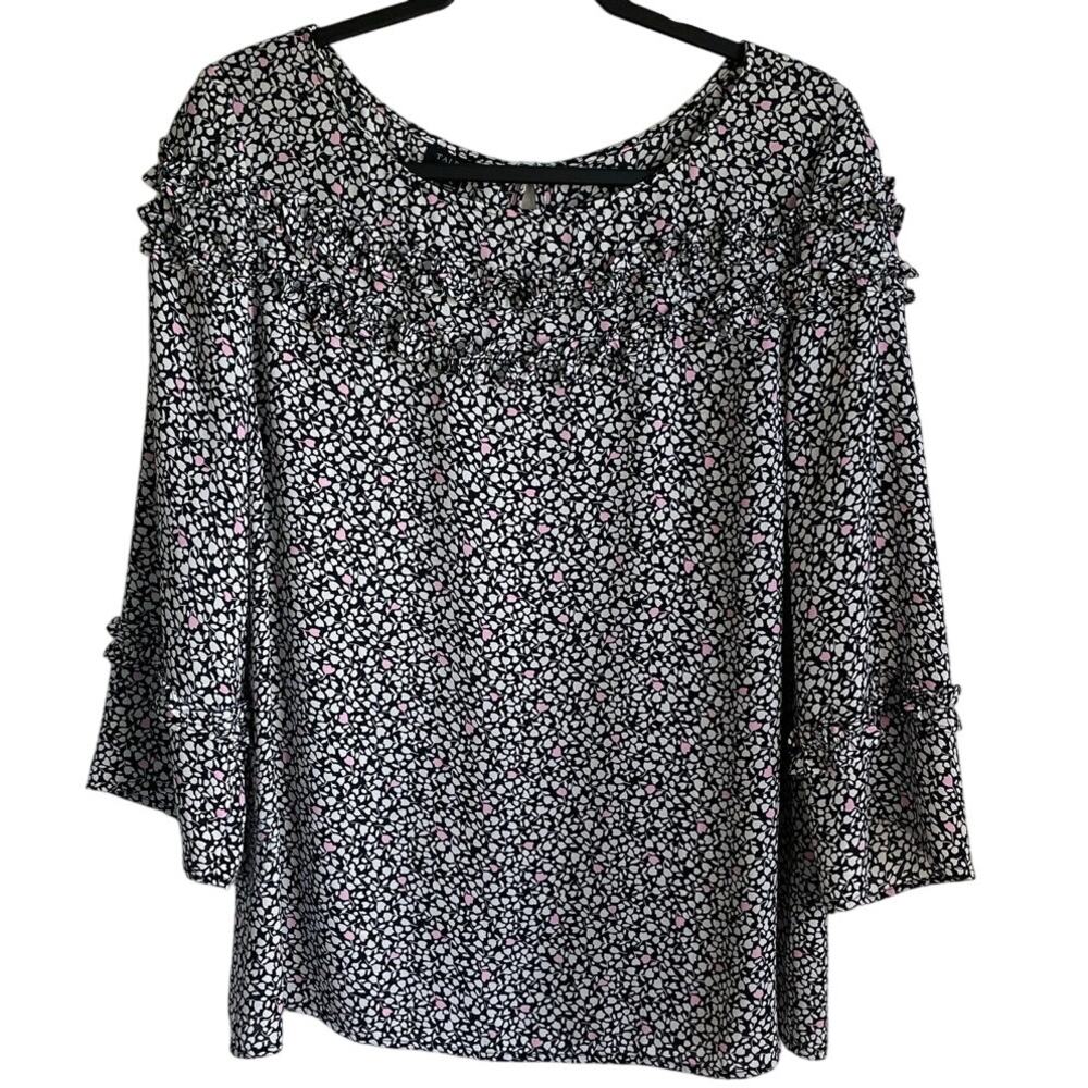 Talbots Shirred Ruffle Top Floral Black White Pink Sz L 3/4 Sleeve Cottagecore